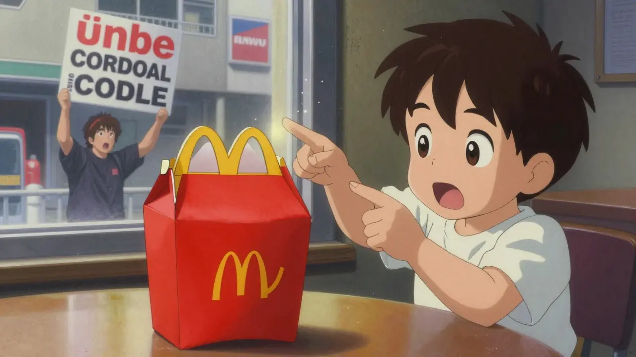 A young child points at a McDonald's Happy Meal box, its golden arches glowing softly while a protest rages outside the window.