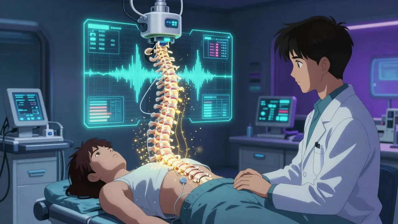 AI-powered TENS device with holographic data streams analyzing pain relief in a high-tech lab.