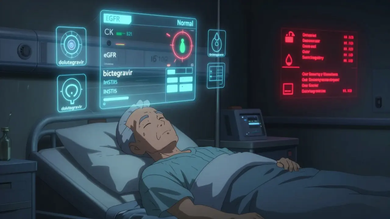 An elderly HIV patient sleeping peacefully with healthy blood markers glowing above, while risky HIV regimens fade in shadows.