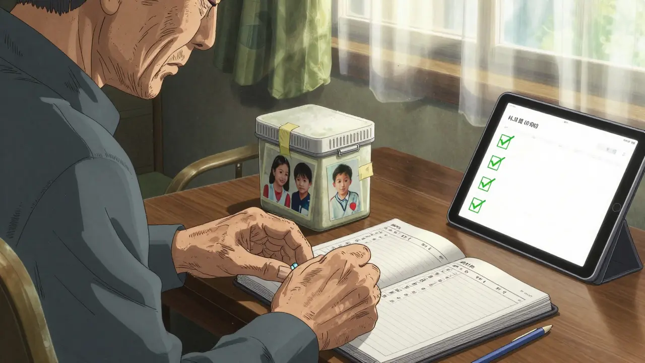 An elderly man placing pills into a labeled weekly organizer beside a photo of family.
