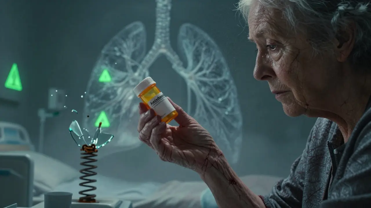 An elderly woman's hand holds a pill bottle as scar tissue creeps up her arm into a surreal landscape of damaged lung structures.
