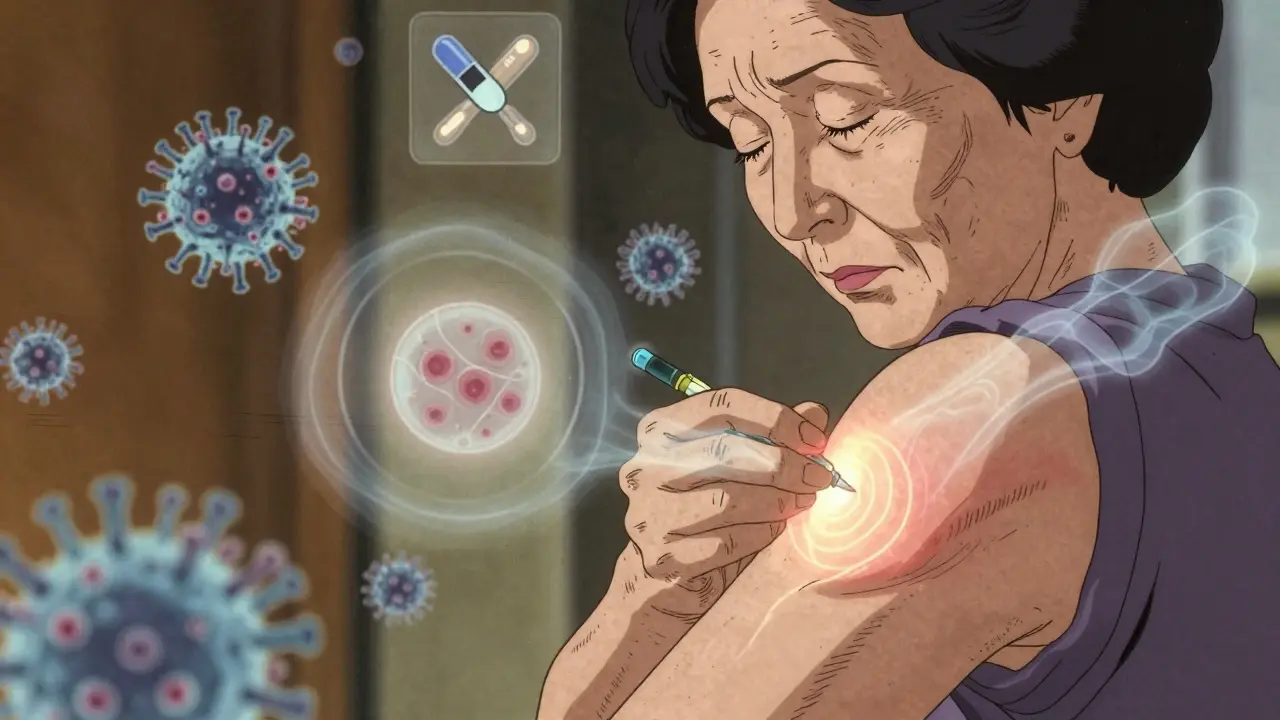 An elderly woman’s arm glows with immune energy after her second Shingrix shot, blisters fading.