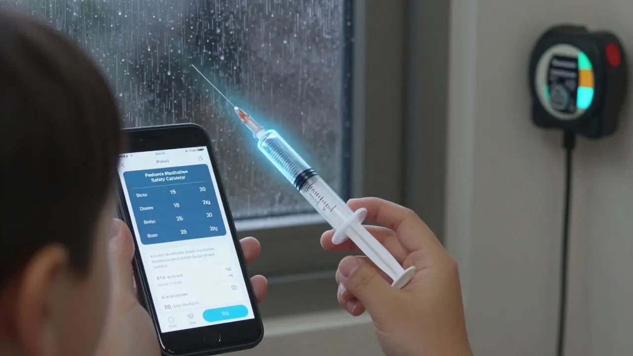 Child using oral syringe with holographic weight scale and dosing app visible.