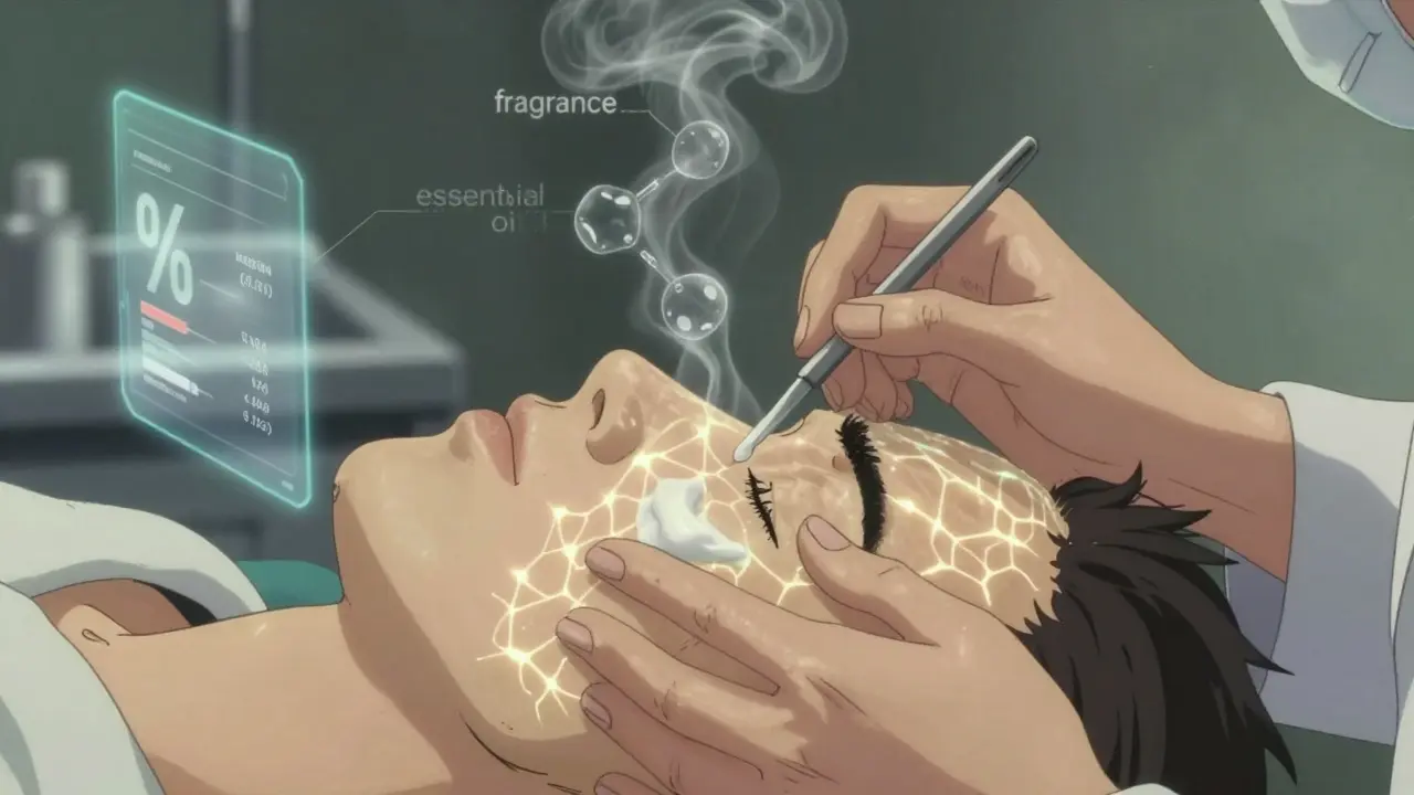 Dermatologist applying ceramide cream as fragrance chemicals dissolve into smoke.