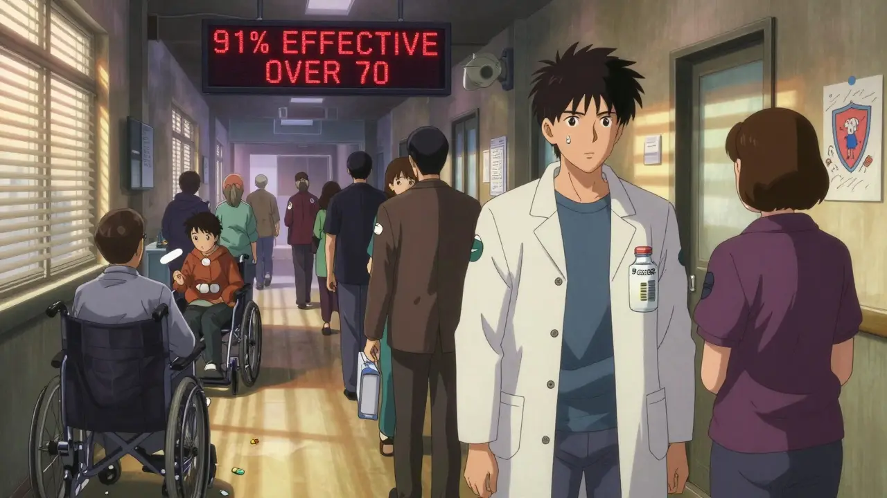 Diverse adults line up for Shingrix in a clinic, a screen displays its 91% effectiveness over 70.