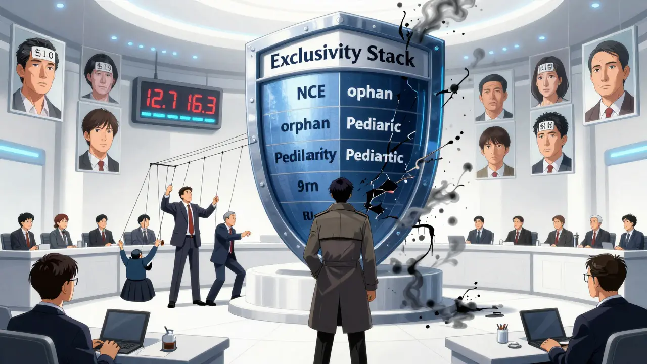 FTC agent confronts pharma lawyer before a layered legal shield of exclusivity in a cold courtroom.