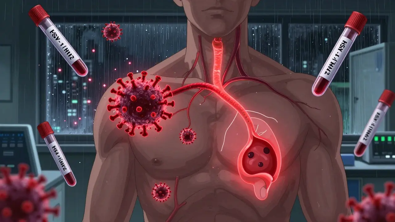 Human nerve pathways glowing with HSV-1 and HSV-2 particles, surrounded by medical testing tools.