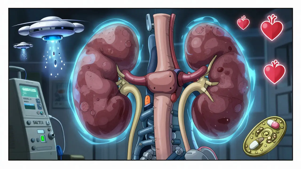 Internal view of kidneys protected by glowing drones and metformin armor in mechanical landscape