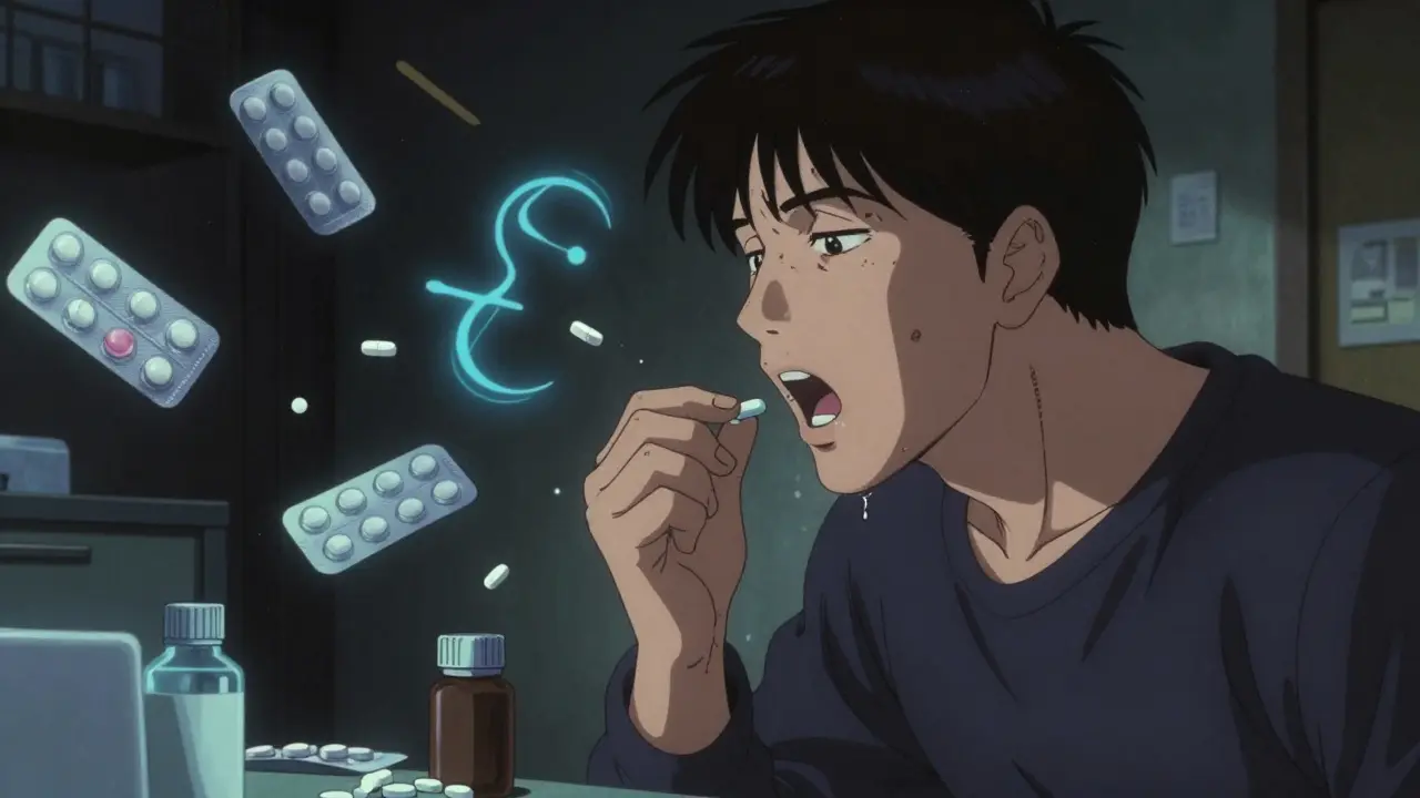 Man swallowing a pill using the lean-forward technique, with medical alternatives hovering around him.