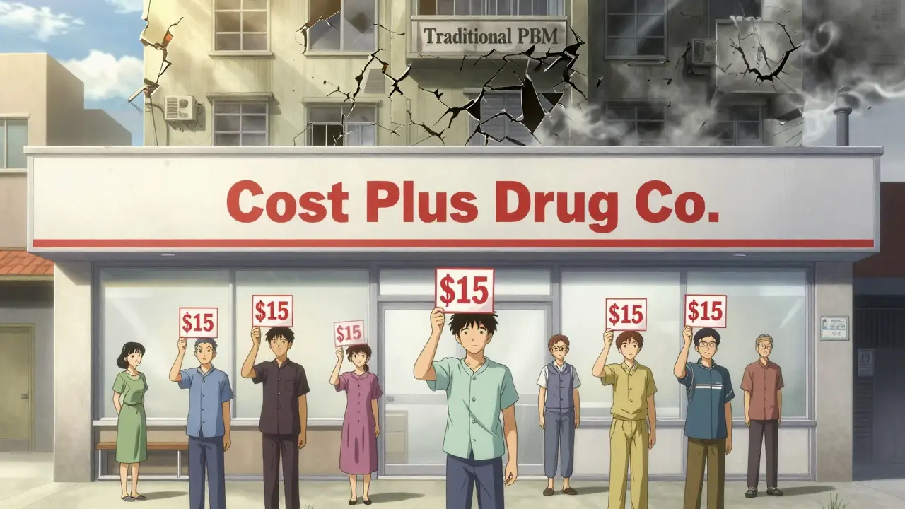 Patients outside a clean pharmacy with low prices, as a crumbling corporate building fades into smoke behind them.