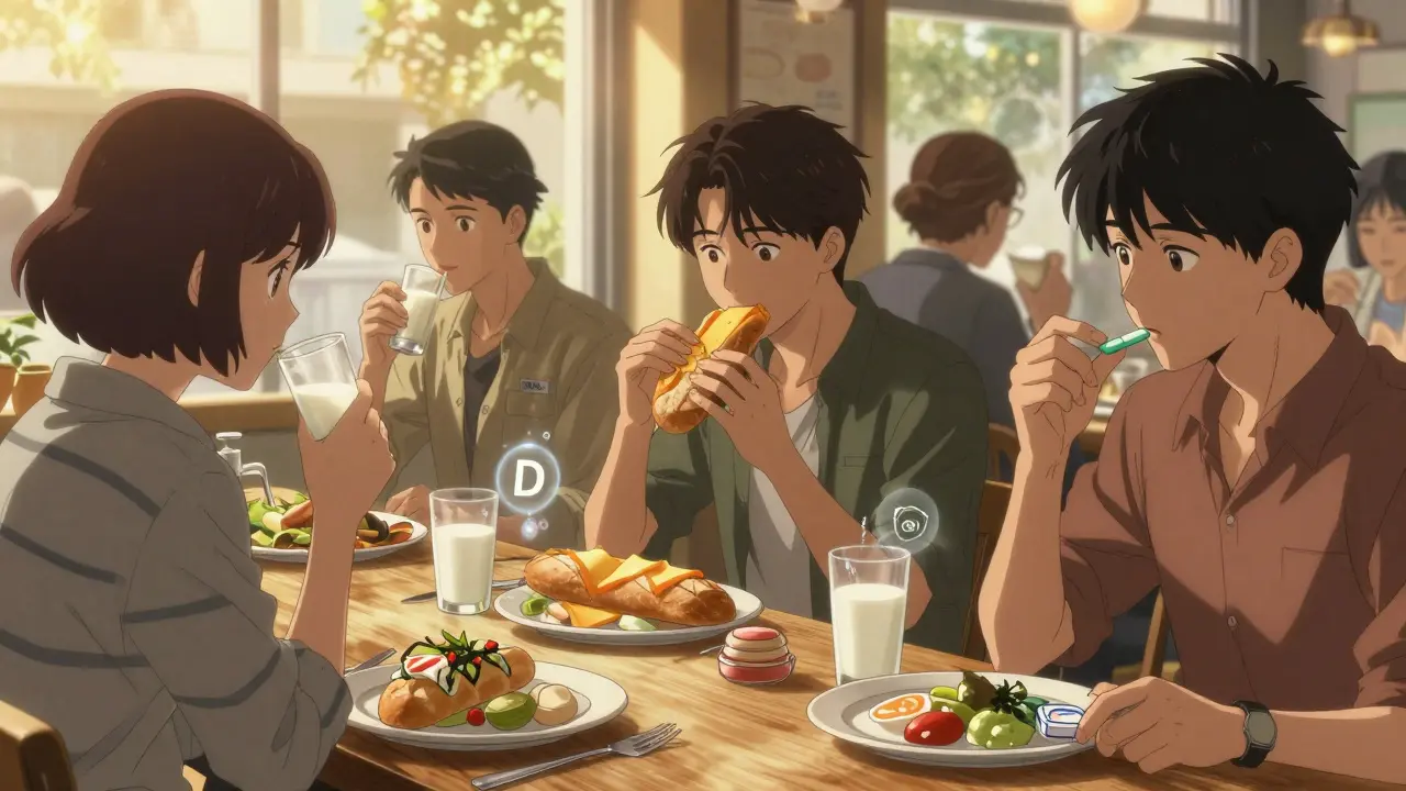 People enjoying dairy-free and low-lactose foods in a sunny café, with floating calcium and vitamin D icons above their plates.