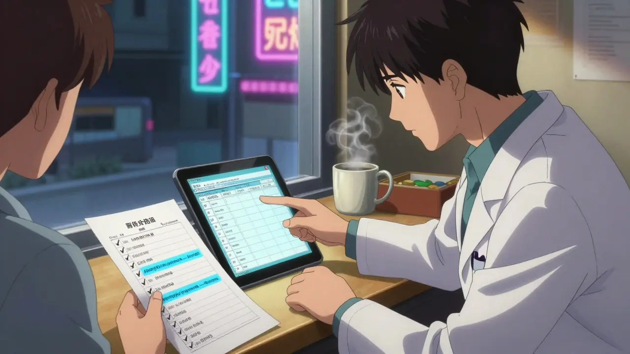 Pharmacist and patient reviewing digital medication record with checklist highlights under neon lights.