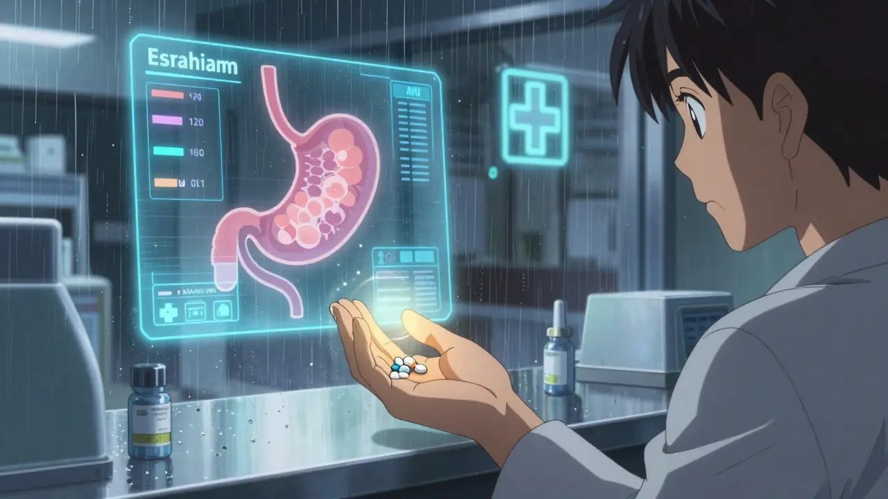 Pharmacist handing coated pill and antacid, holograms show stomach healing, rain and neon lights in background.