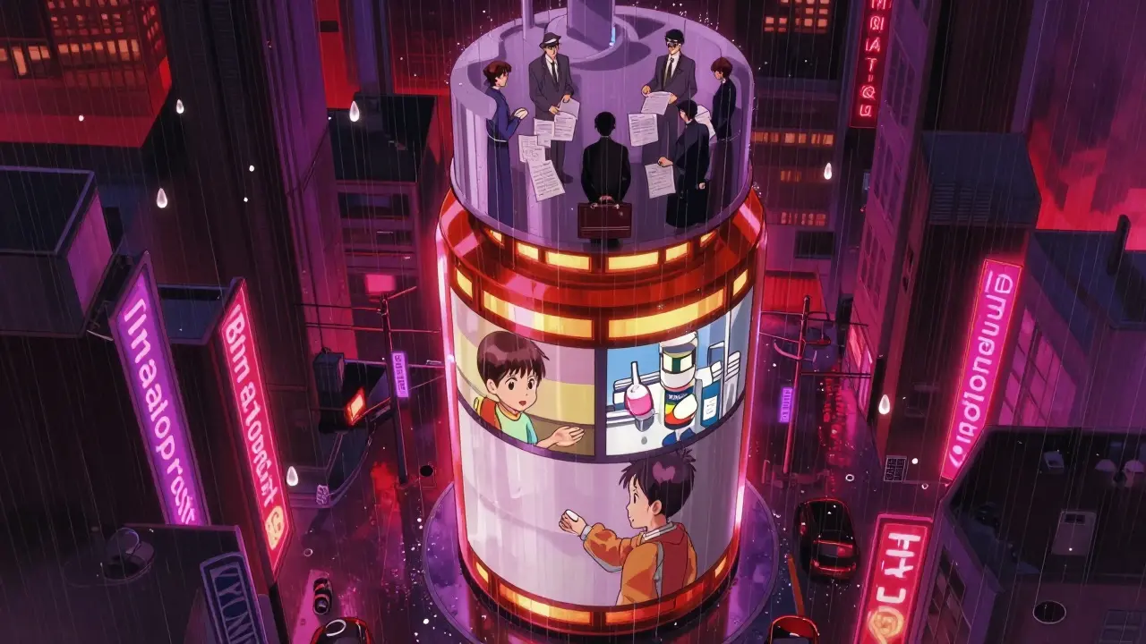 Pill-shaped skyscraper towers over city, displaying overlapping timelines of drug access and corporate control.