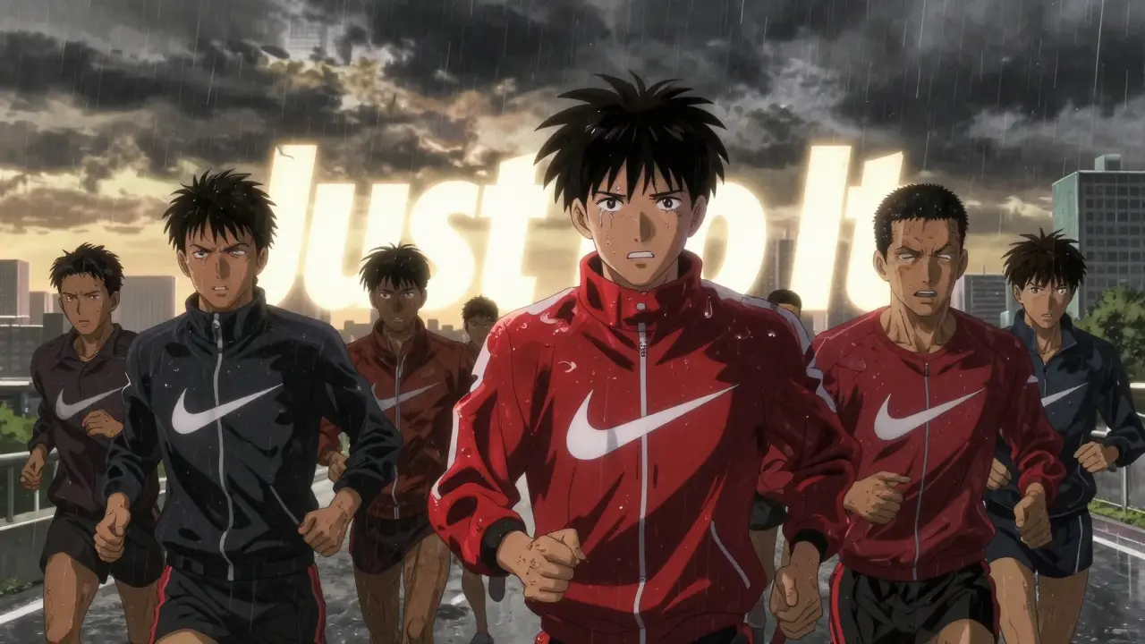 Runners in a storm feel motivation from their Nike branding, which glows with emotional power against a chaotic urban backdrop.