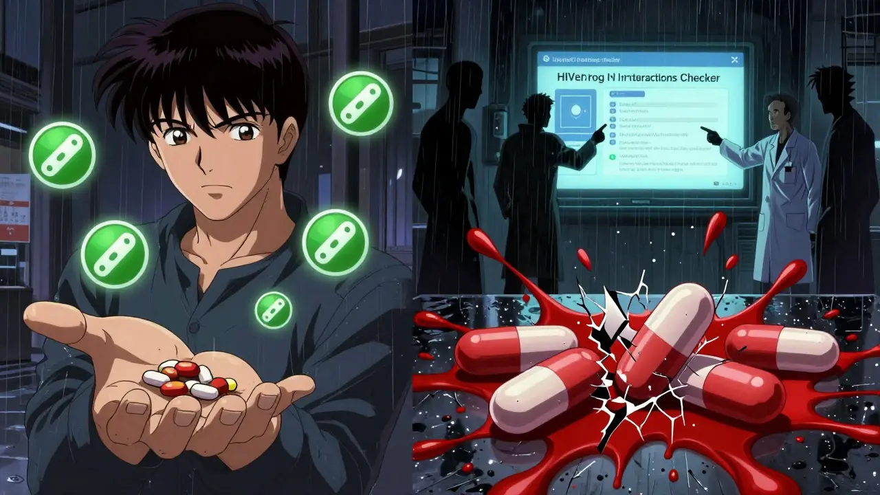 Safe statins glowing green versus dangerous ones shattered in red, with a drug interaction checker screen in background.