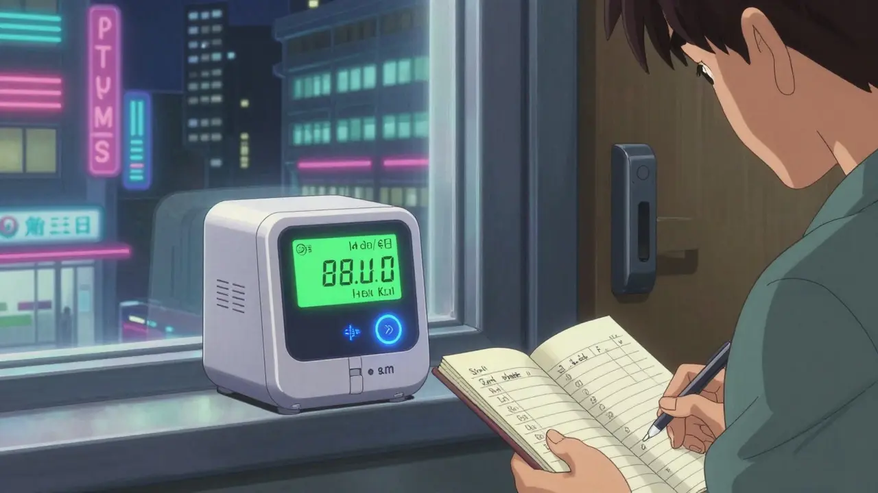 Smart medication dispenser locking as time approaches next dose, parent with logbook nearby.