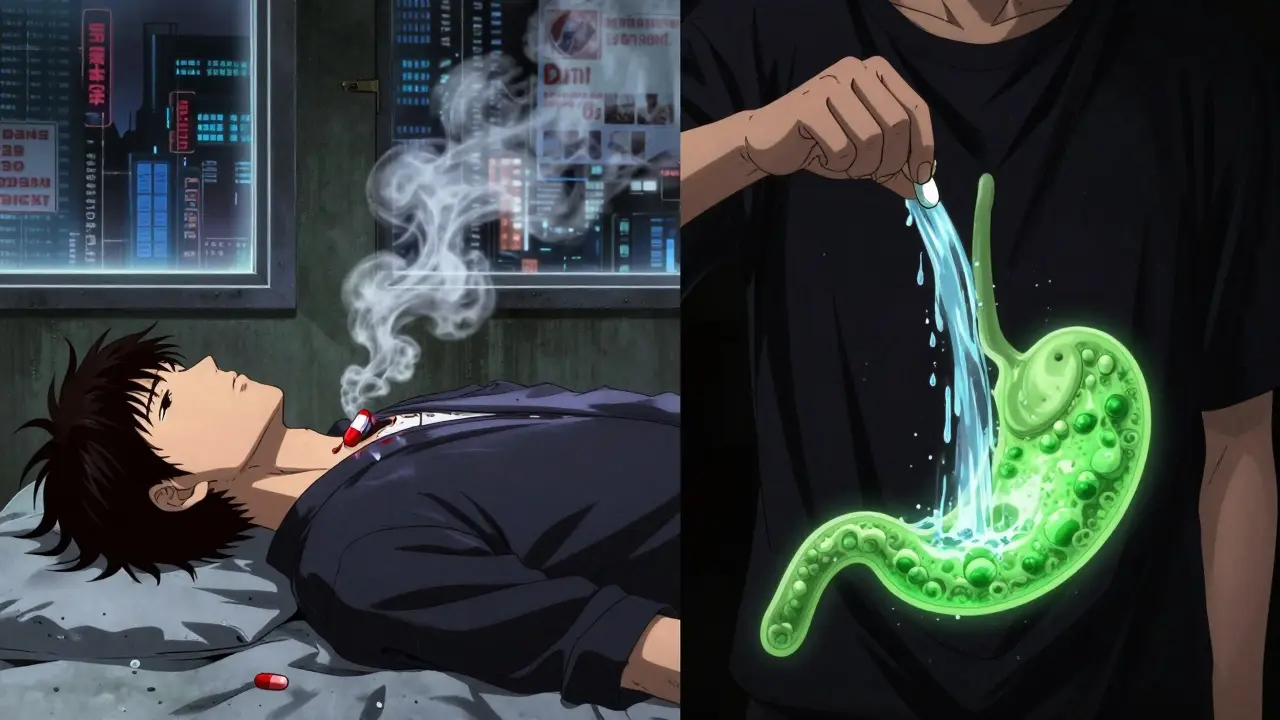 Split scene: pill stuck in esophagus vs. water washing it safely down, contrasting decay and protection.