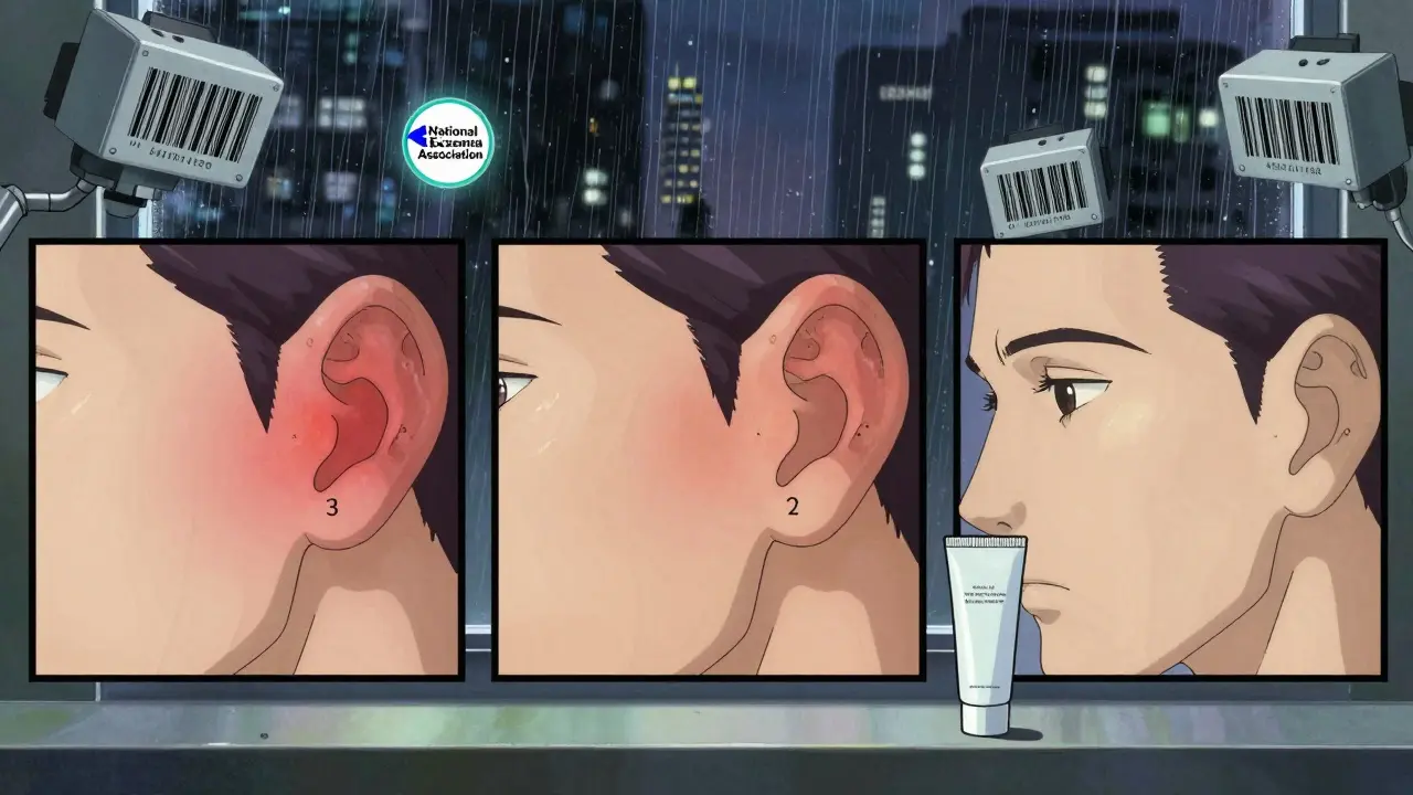 Three-panel skin healing timeline behind the ear with glowing barrier and barcode scanners.