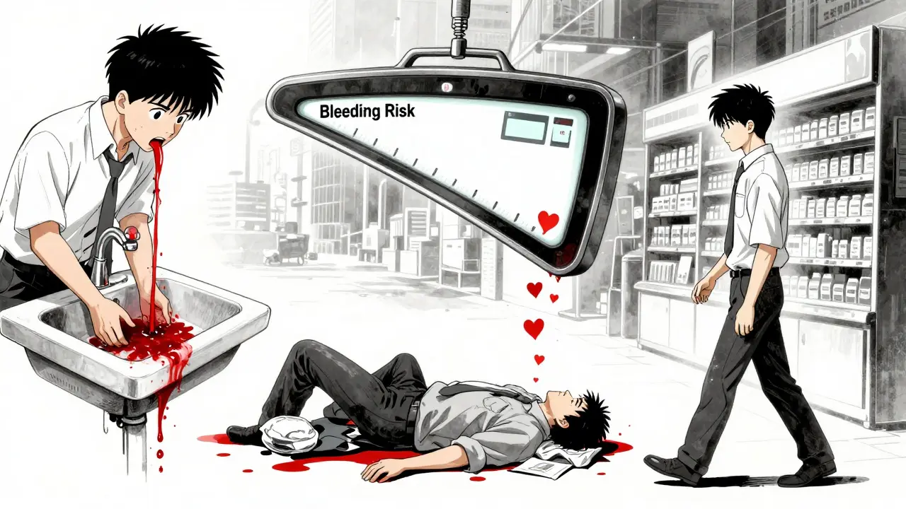 Three parallel scenes showing bleeding risks versus no aspirin, rendered in cinematic panels with red accents.