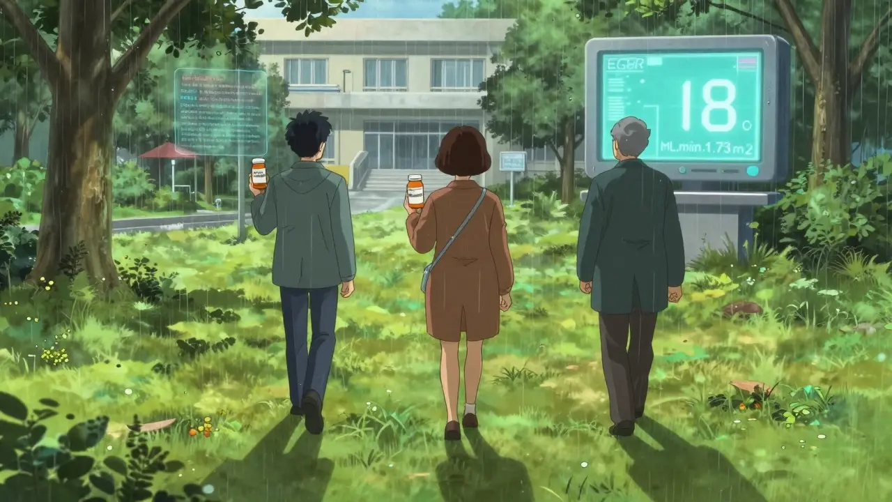 Three patients walking in park with medication bottles, holographic guidelines above them