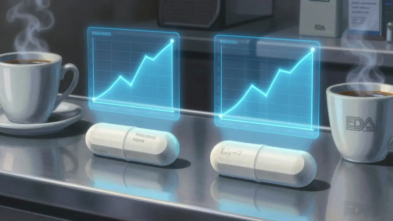 Two identical pills side by side with glowing bioequivalence graphs floating above them in a clinical setting.
