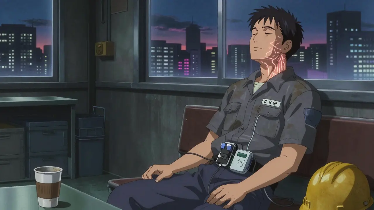 Warehouse worker using TENS device at break, neural patterns glowing on skin under dim lighting.