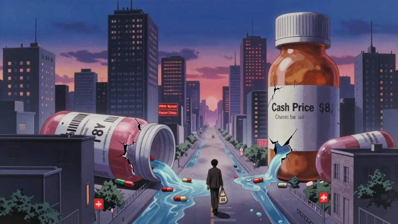 A cityscape of pill-shaped skyscrapers leaking generic medicine, with a person holding a low-cost prescription bag.