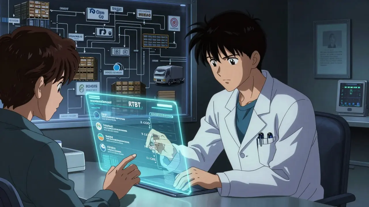 A doctor and patient viewing a holographic drug price comparison interface in a dimly lit clinic, with a complex supply chain visualized behind them.
