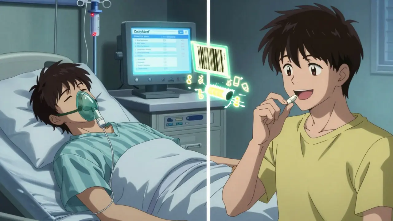 A medical emergency is contrasted with a past moment of trust, as a scanner reveals dangerous inactive ingredients in glowing symbols.