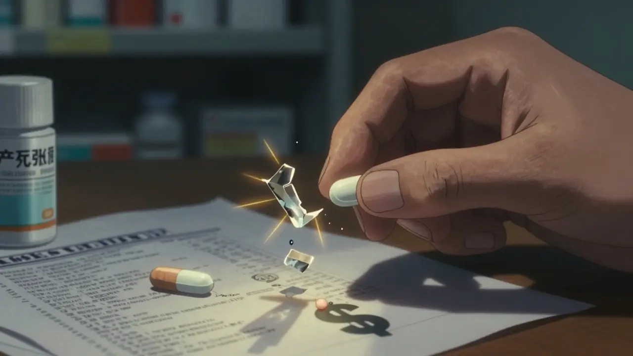 A patient's hand holding branded and generic pills, with the branded pill breaking as golden light erupts.
