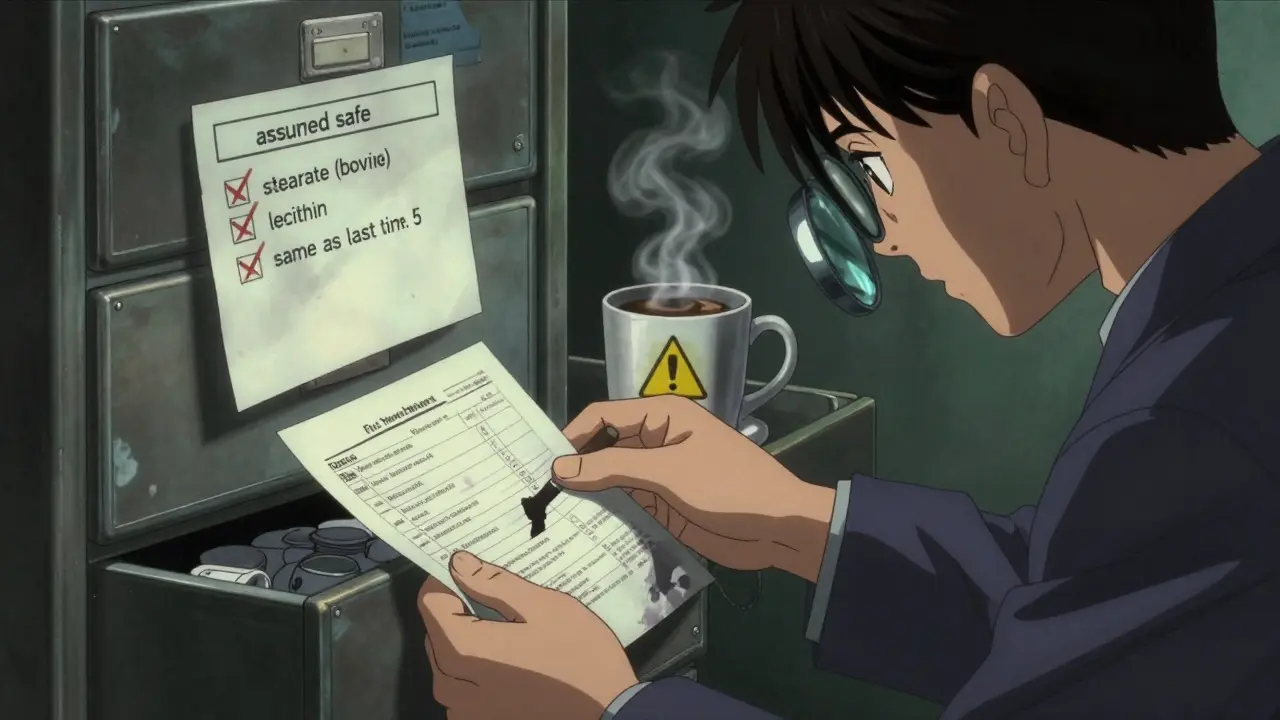 A pharmacist and patient study a detailed drug monograph under dim light, revealing hidden allergens in technical text.