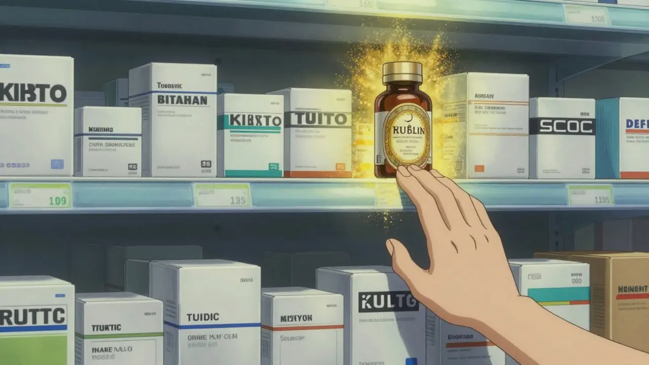 A pharmacy shelf overflowing with generic drug packages, with one expensive branded bottle isolated above.