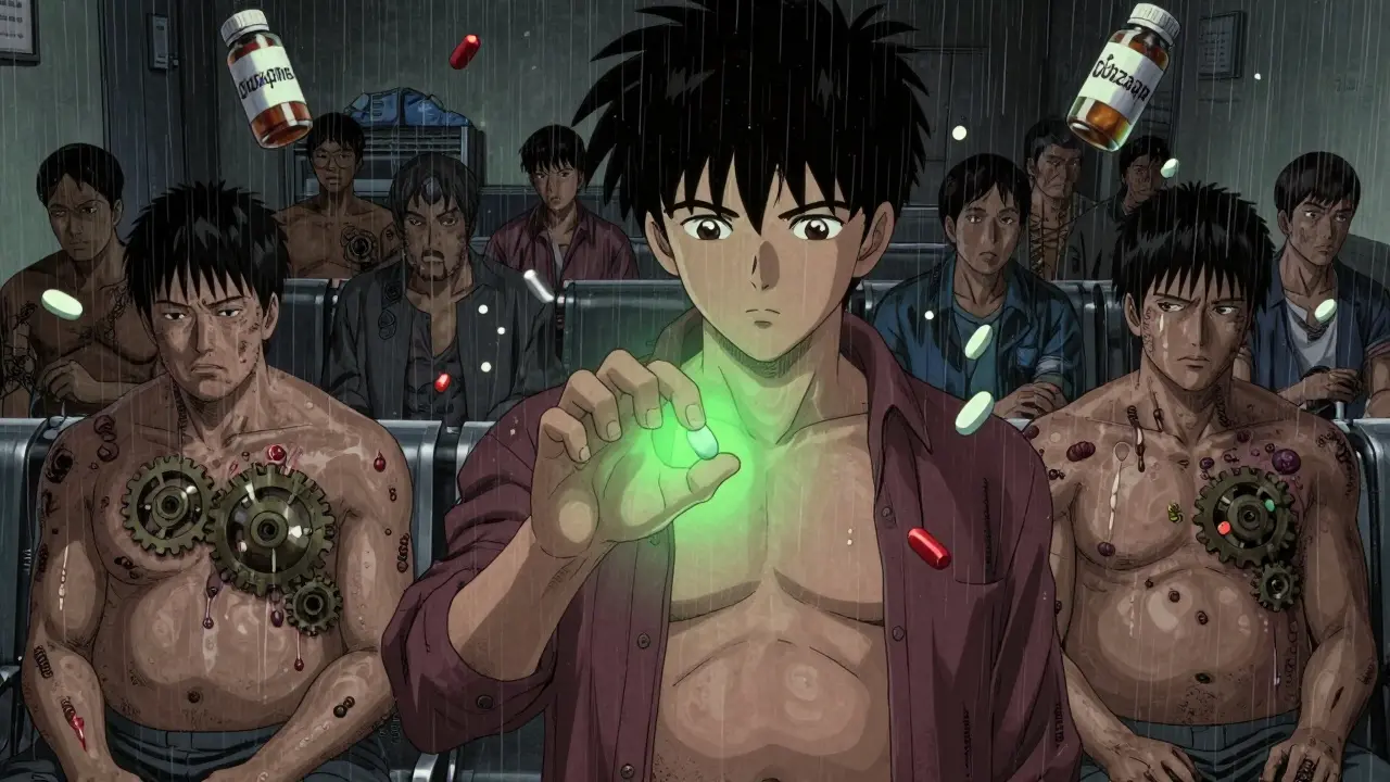 A psychiatric waiting room where patients display metabolic damage as mechanical symbols, while one holds a glowing low-risk pill.