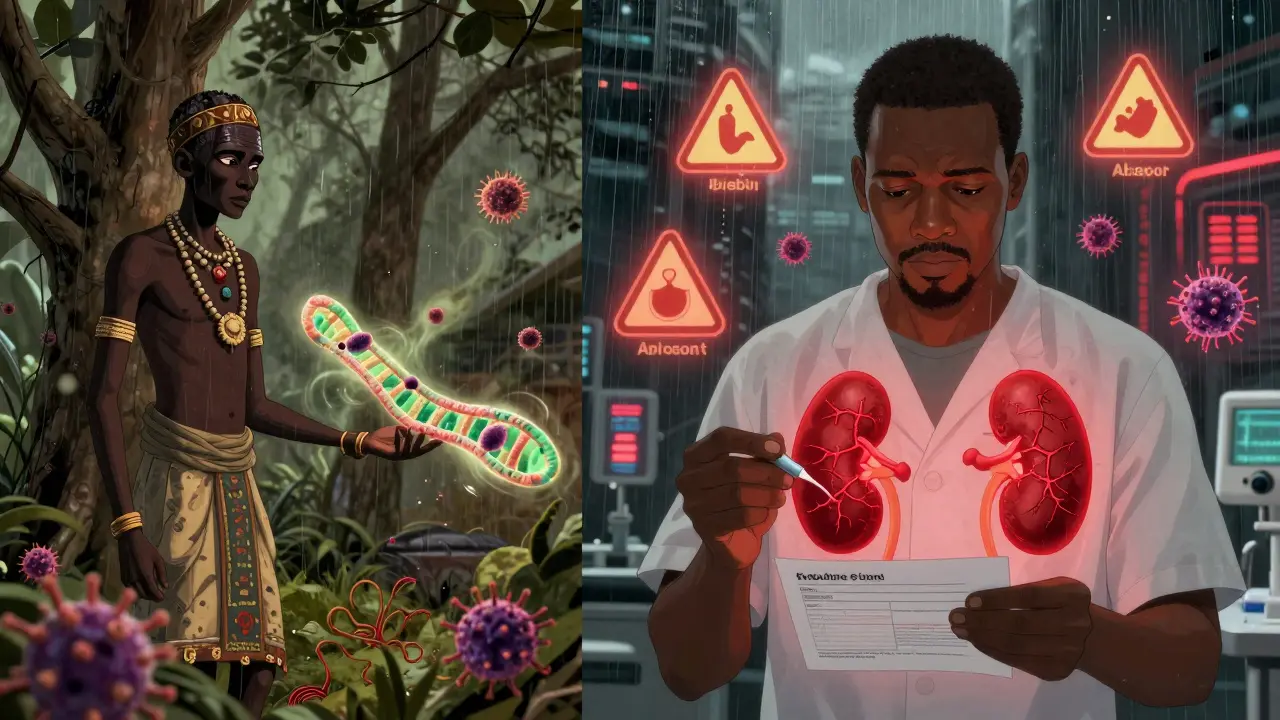 Ancient African ancestor protected by APOL1 gene vs. modern man with genetic test and kidney damage, cyberpunk style.