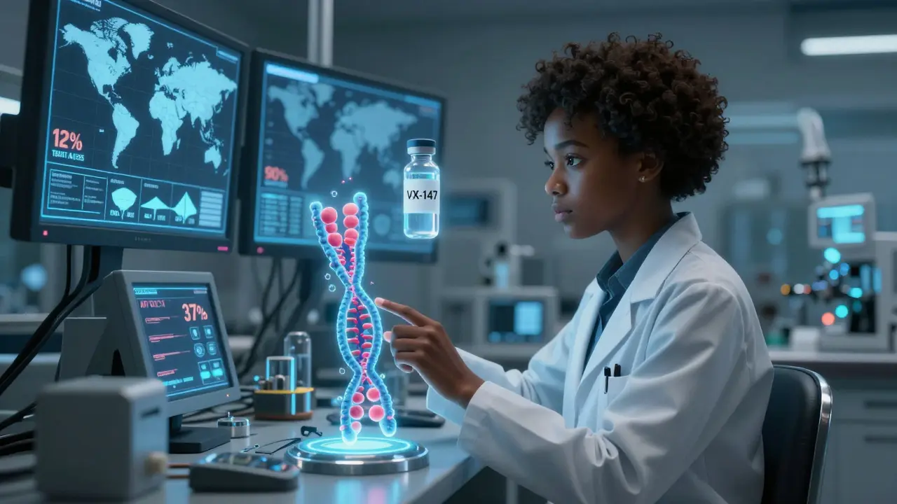 Black scientist examining APOL1 gene hologram with protein leakage reduction, global access disparity maps in background.