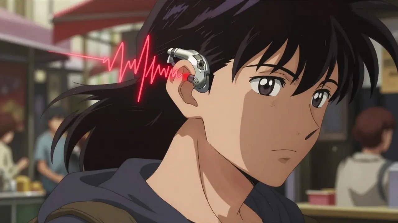 Close-up of a bone-anchored implant behind the ear, with glowing vibrations through skull bone.