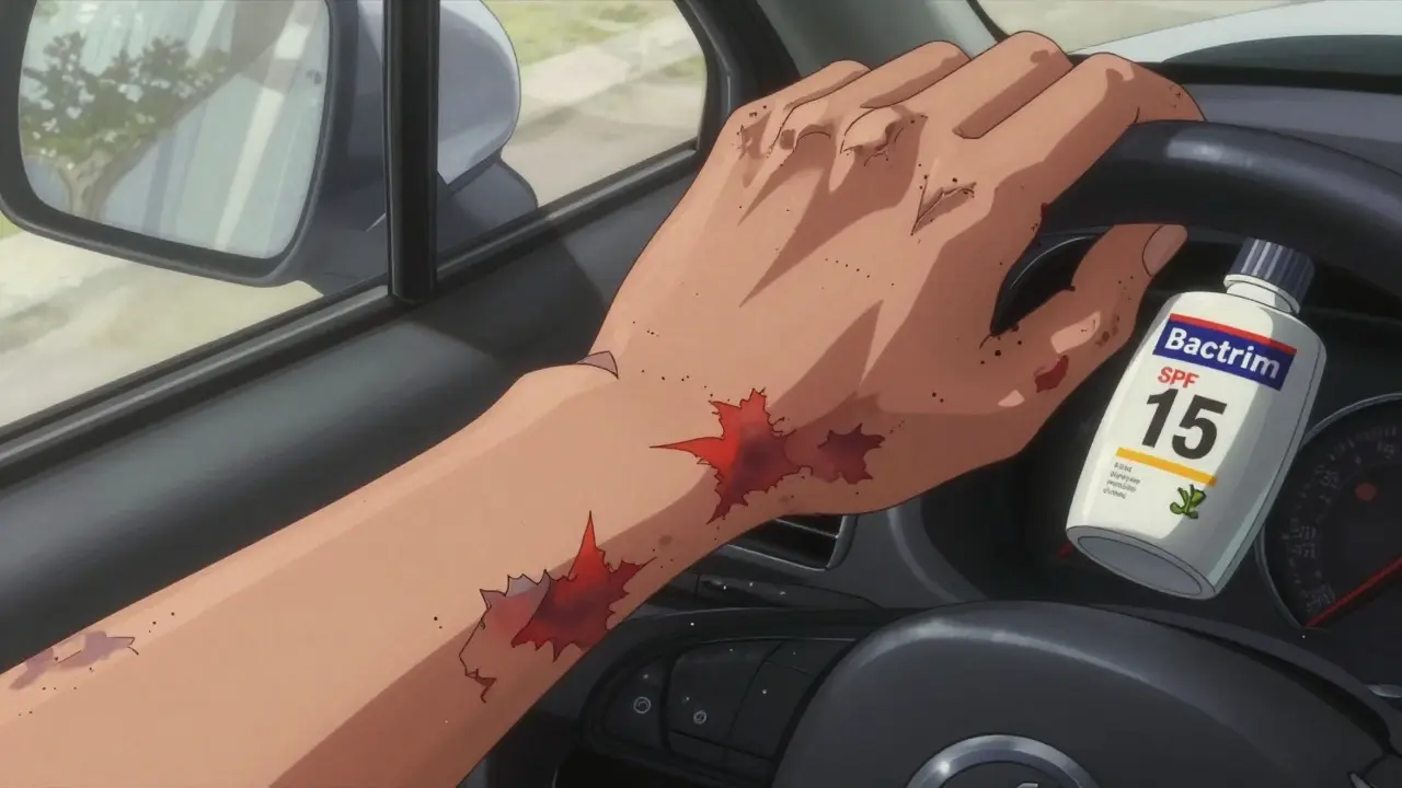 Close-up of blistered forearm under car window sunlight, Bactrim bottle on dashboard, hyper-detailed skin damage.
