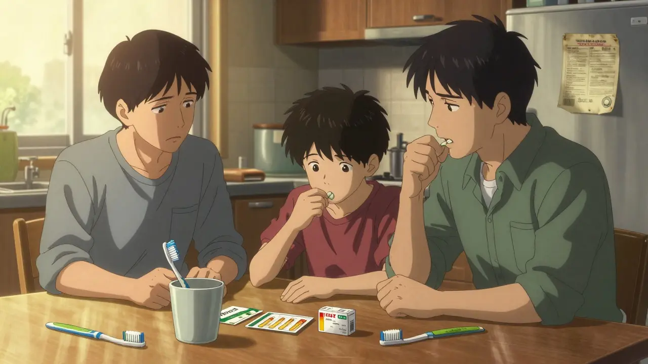 Family at kitchen table with antibiotic pills and discarded toothbrush