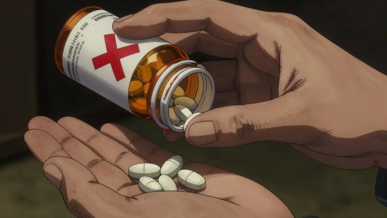 Hand discarding cold medicine bottle while holding acetaminophen pills