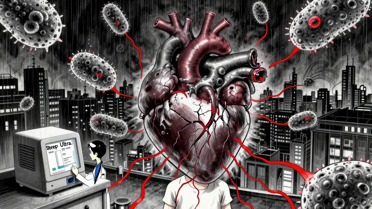 Heart with damaged valves surrounded by bacteria in dystopian cityscape