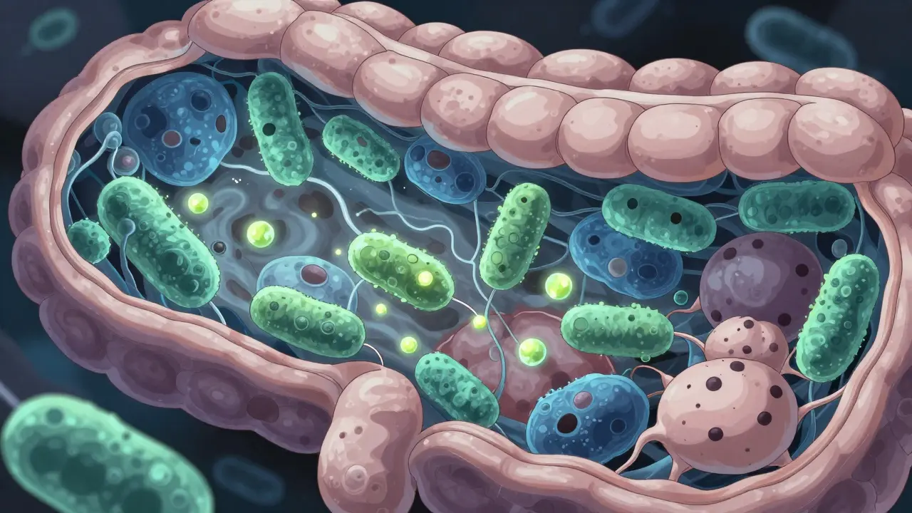 Microscopic gut bacteria producing anti-inflammatory butyrate.