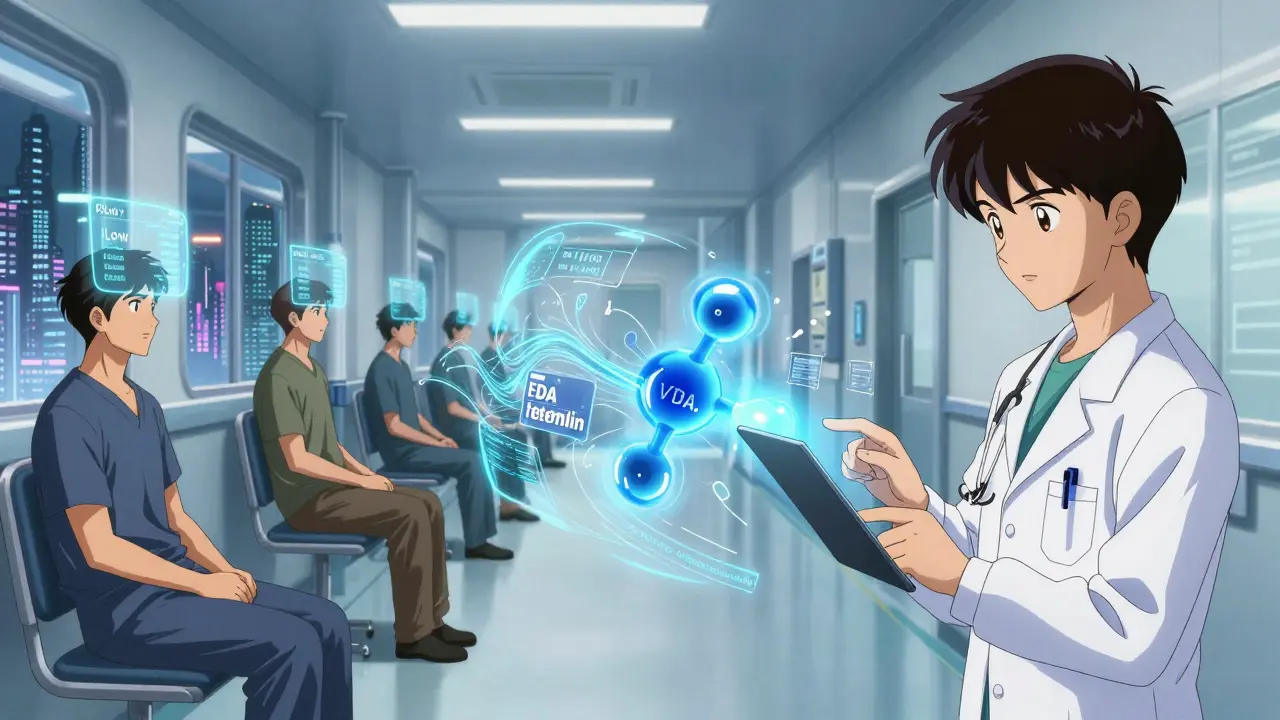 Patients in a clinic with holographic risk scores above their heads, while an AI projects a glowing fentanyl molecule.