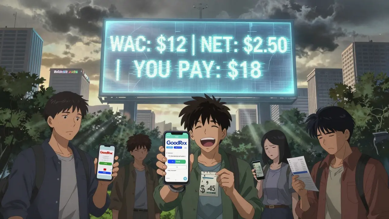 People in a park comparing pharmacy prices on their phones, with a giant glitching billboard revealing hidden drug cost data above them.