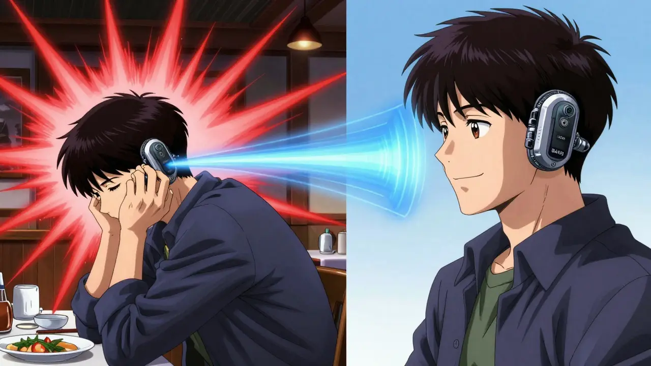 Split image: one side shows struggle with CROS, the other peace with bone-anchored device.