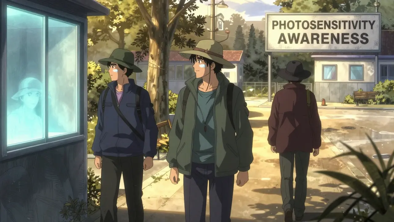 Three people in sun-protective gear walking at dawn, UVA radiation visible as glowing lines, winter sunlight casting long shadows.