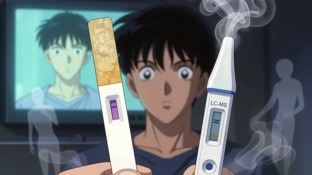 Two urine test strips side by side — one failing, one confirming — with a patient's emotional face illuminated by their results.