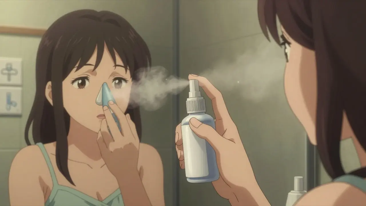 Woman using saline nasal spray in bathroom mirror with steam