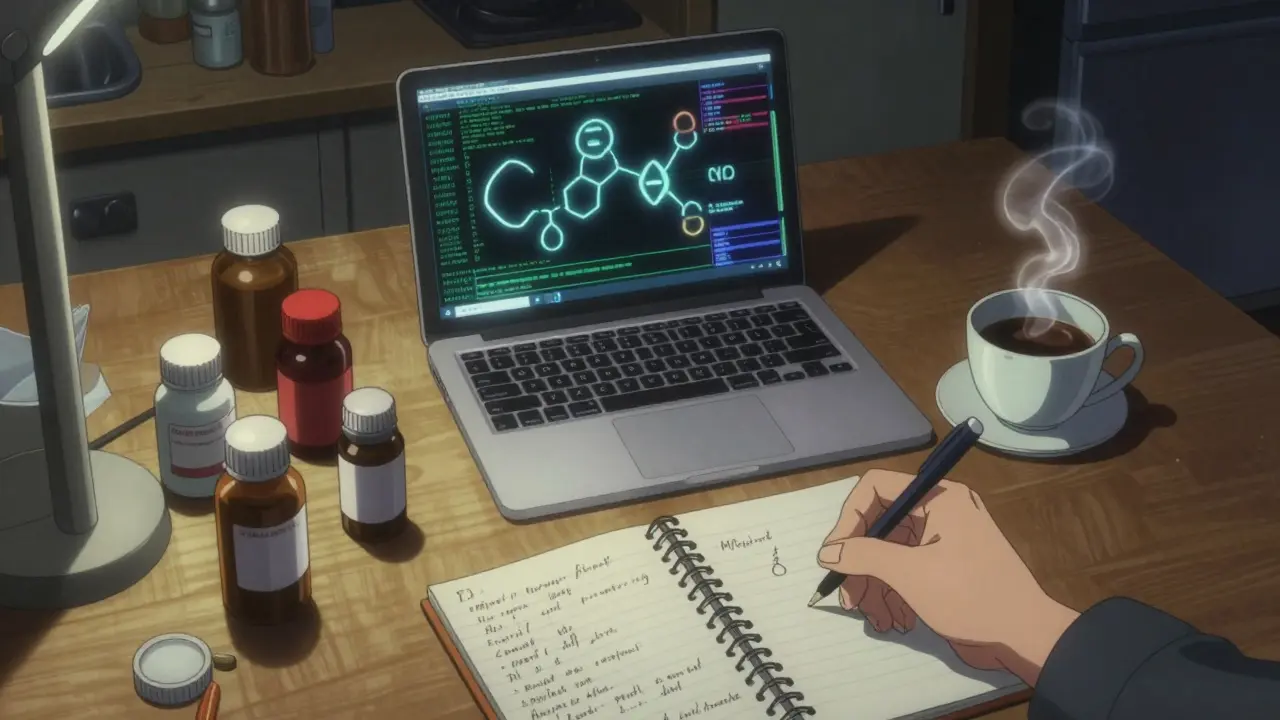 A cluttered kitchen table at night shows medications, genetic data, and a handwritten note under harsh light.