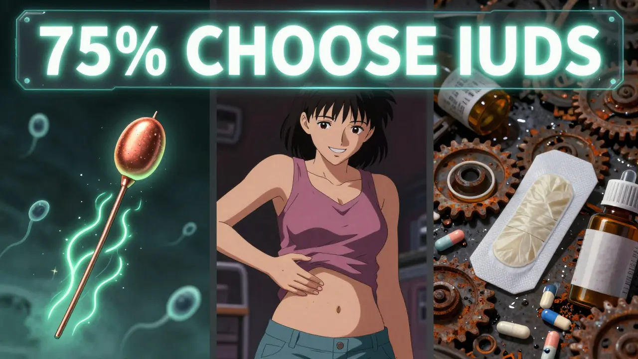 A copper IUD repelling sperm, a content woman, and discarded birth control methods in a dystopian triptych.